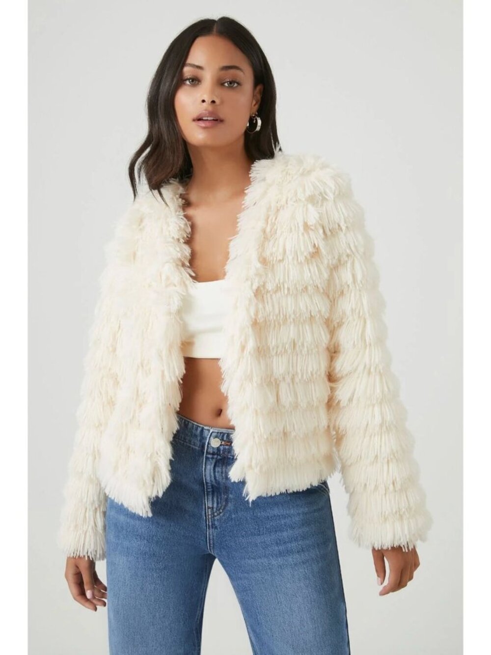 Fabrik Ivory Creme Soft Shaggy Tiered Fringe Cardigan Jacket Coat Size M Lined